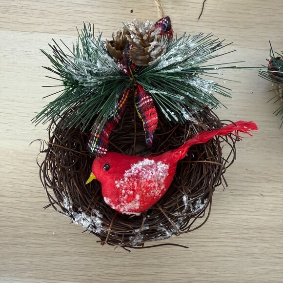 Cardinal Bird Nest Christmas Tree Ornaments Pinecones Plaid Bows 8 Total - Picture 4 of 5